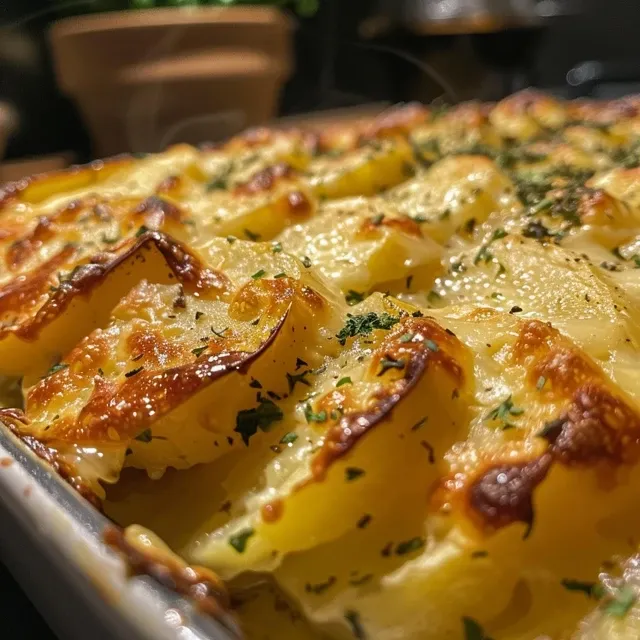 Primer plano de un Klassischer Kartoffelauflauf, con ingredientes visibles en la superficie.