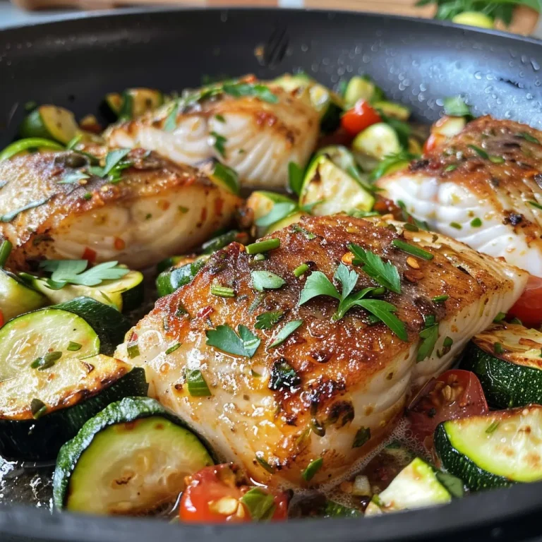 Primer plano de un plato de Fischpfanne con calabacín, mostrando pescado tierno y verduras coloridas.
