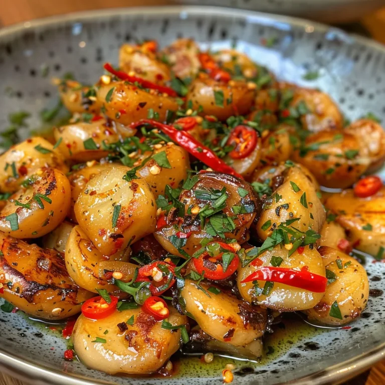 Primer plano de gambas jugosas salteadas con chiles y ajo.