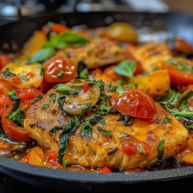 Primer plano de un plato de Hähnchen Paprika Pfanne con pollo jugoso y vegetales.