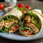 Primer plano de wraps de ensalada de pollo, frescos y jugosos, en un plato.