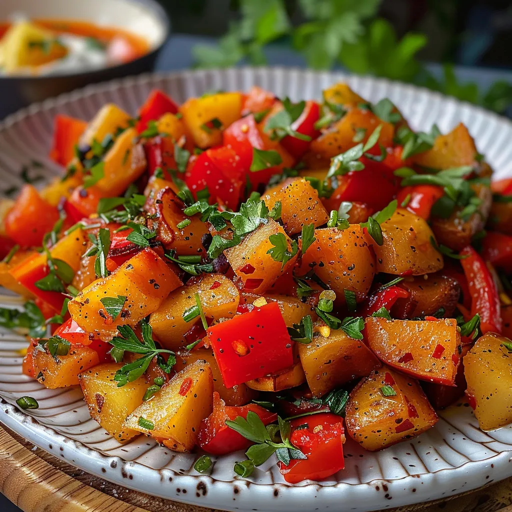 Primer plano de una ensalada de patatas saludable con ingredientes frescos.