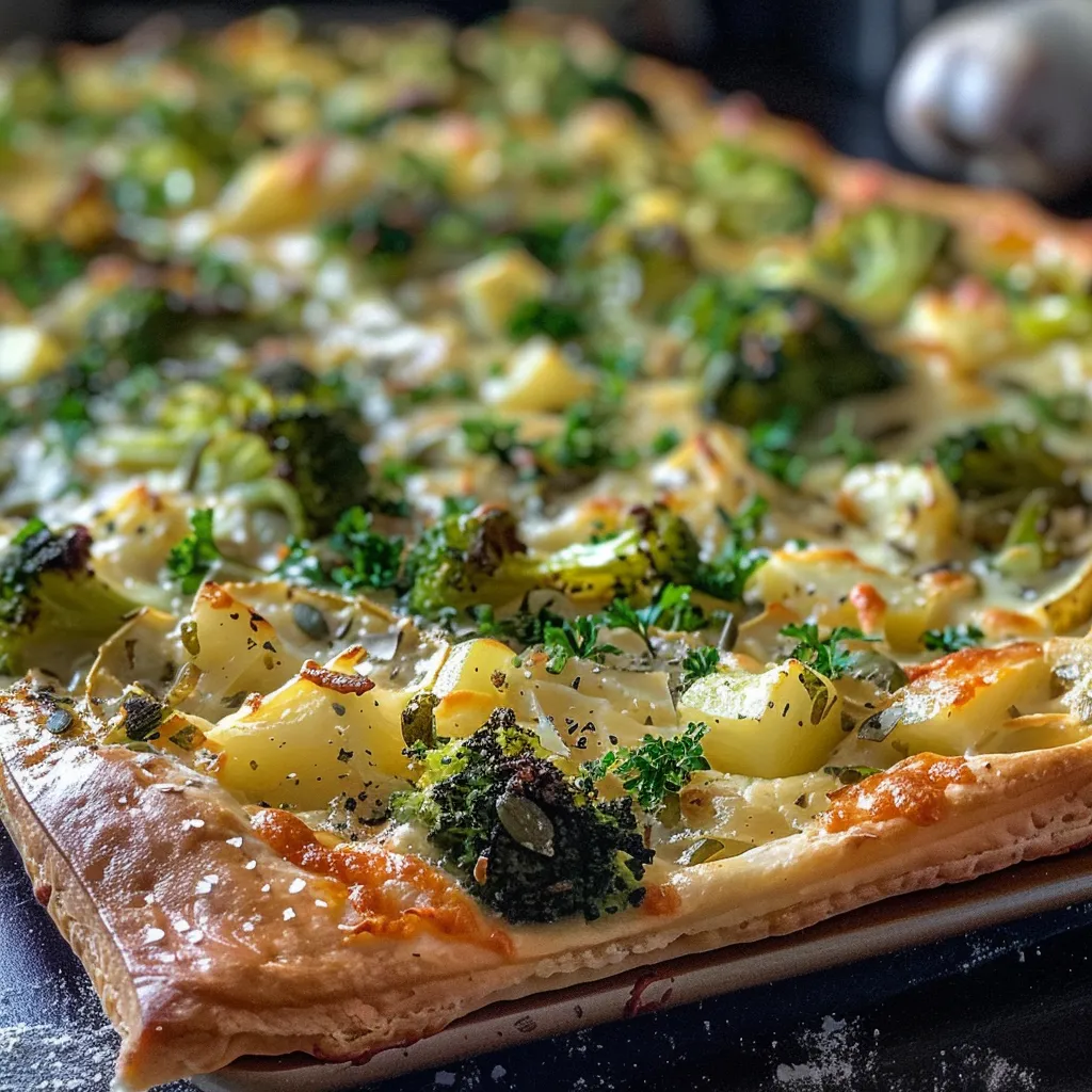 Primer plano de un suculento gratinado de patatas y brócoli en una fuente.