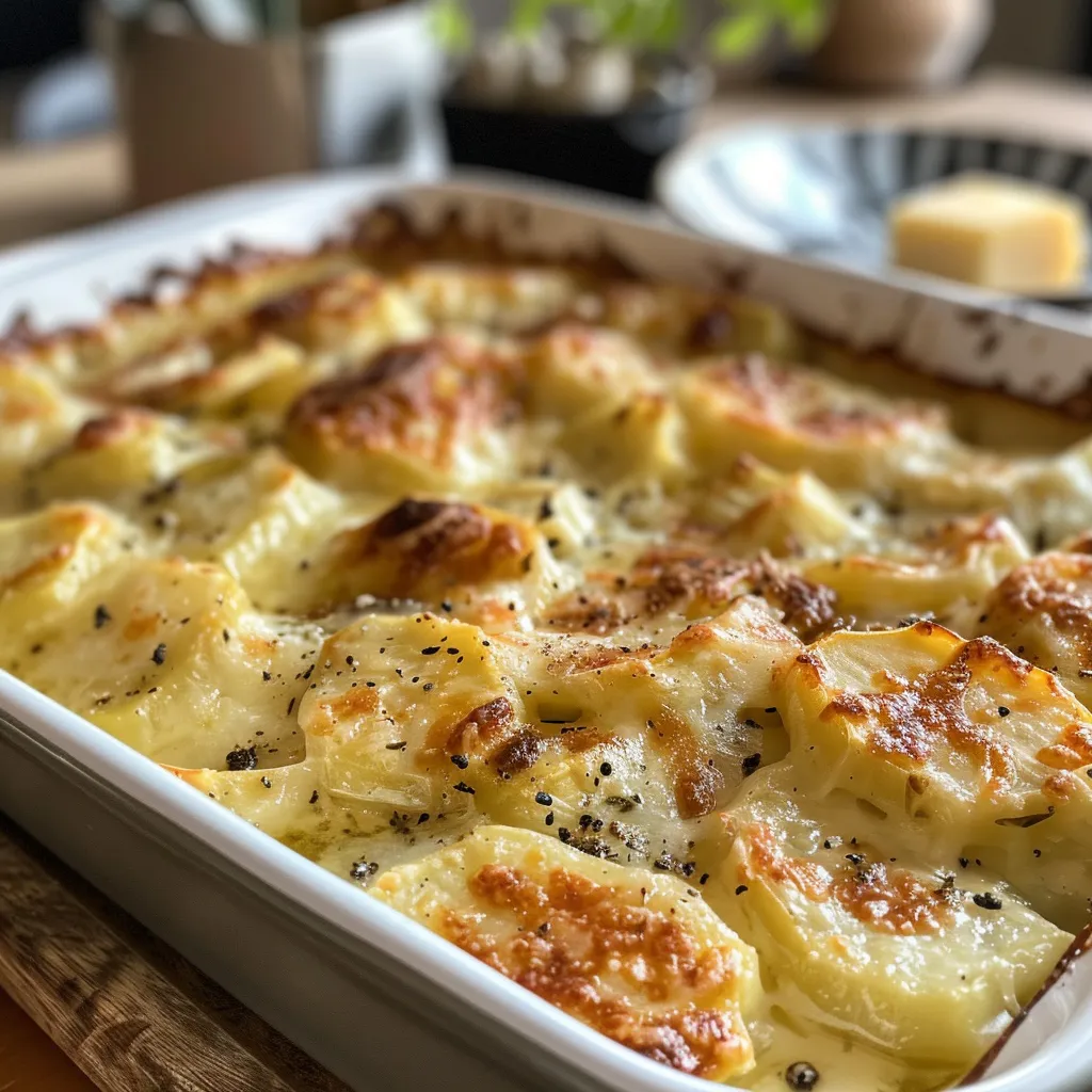 Primer plano de un gratin de papa con queso burbujeante.