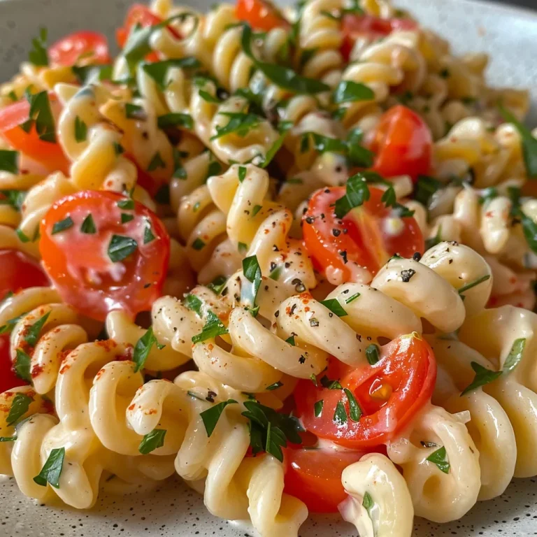 Ensalada de pasta ligera con aderezo de yogur, vista lateral.