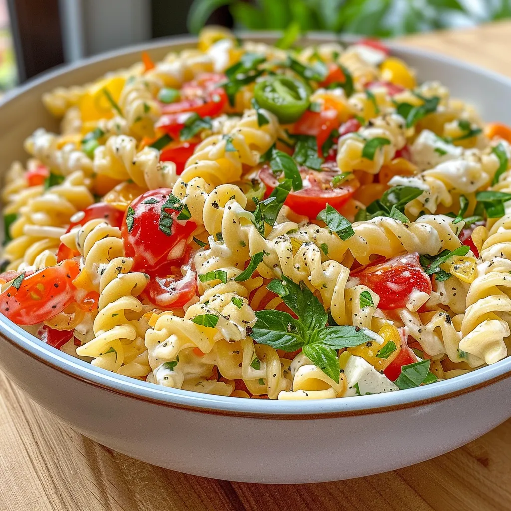 Primer plano de ensalada de fusilli con verduras frescas y yogur.