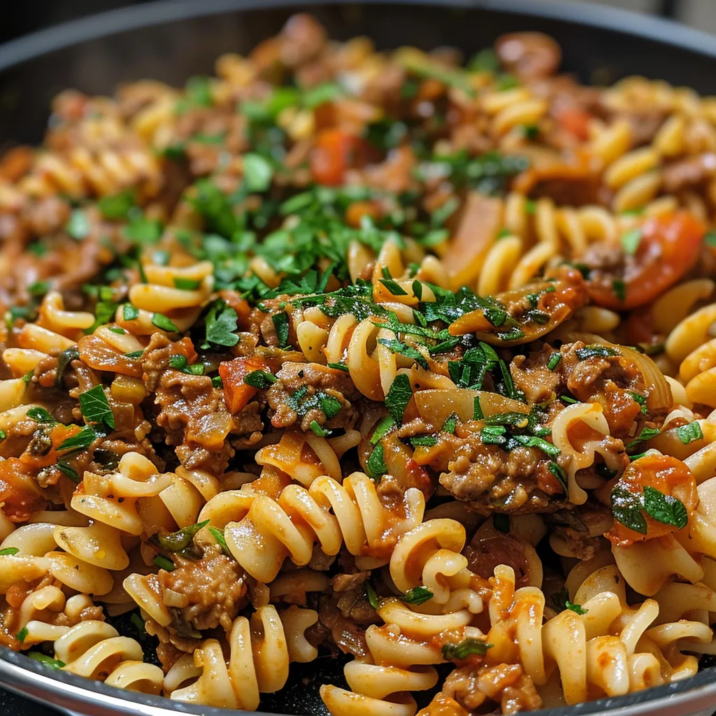 Primer plano de pasta con carne y salsa, servido en una olla.