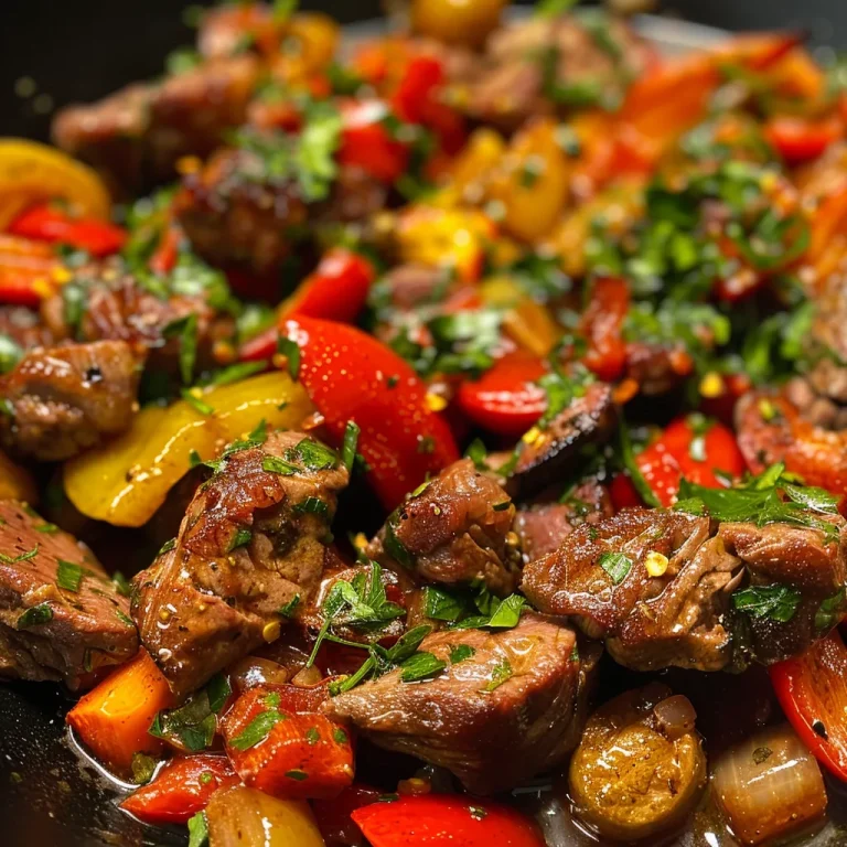 Placa de una sabrosa Paprika-Rindfleisch-Pfanne con trozos jugosos de carne y coloridos pimientos.