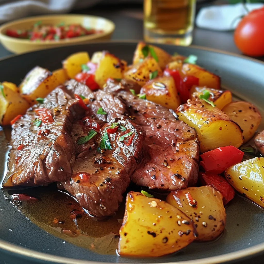 Primer plano de un plato de Paprika-Rindfleisch-Pfanne lleno de carne y pimientos frescos.