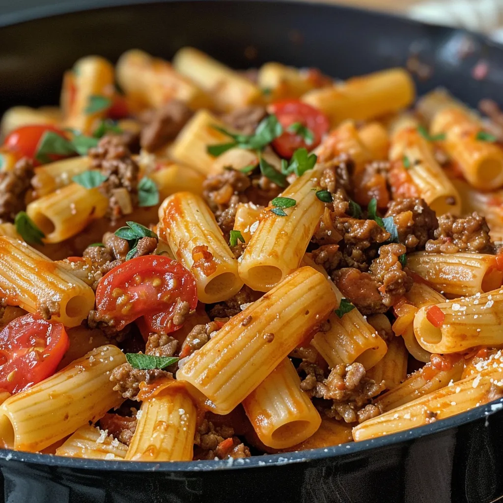 Primer plano de un plato de pasta con carne, con ingredientes frescos alrededor.
