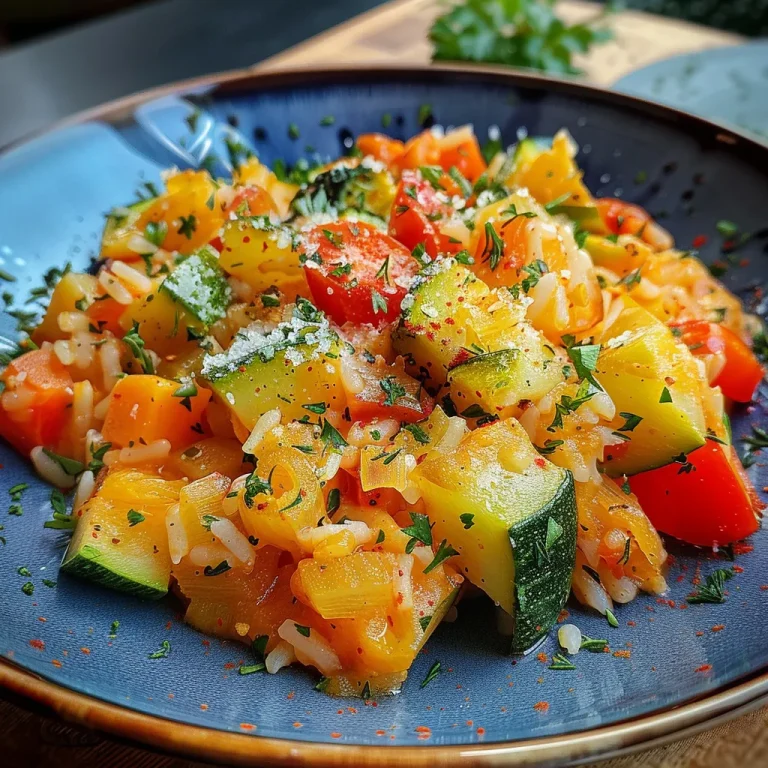 Primer plano de un plato de Reispfanne con verduras, mostrando arroz, calabacín y pimientos.