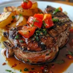 Plato en primer plano de Rindfleisch con pimientos y cebollas.