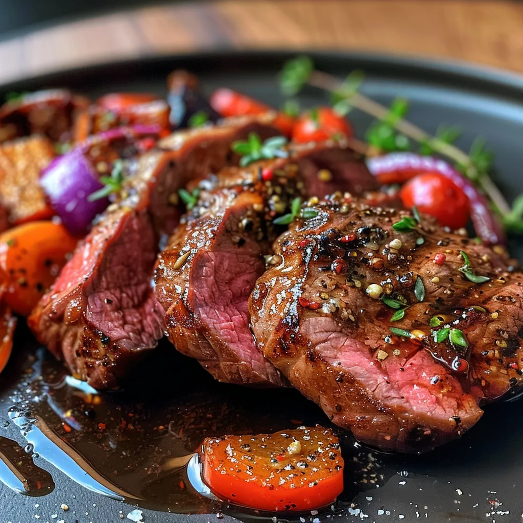 Carne de res jugosa con verduras coloridas, vista lateral.