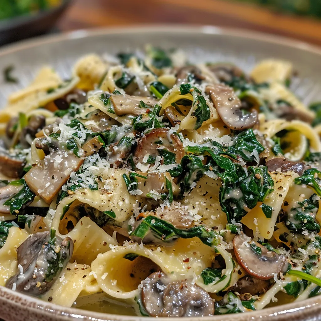Tazón de pasta con espinacas y champiñones, enfocado en los ingredientes frescos.