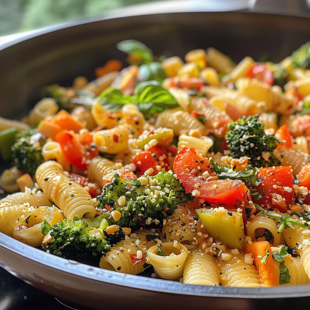 Vista lateral de un plato de Nudelpfanne vegetariana con pasta y vegetales.