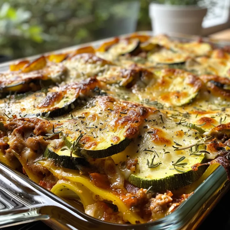 Lasagna de calabacín con capas visibles y derretido de queso.