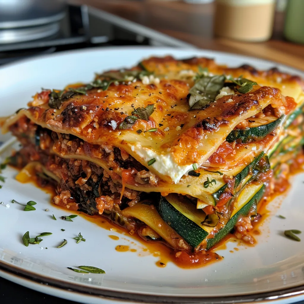 Vista lateral de una lasagna de calabacín recién horneada.