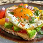 Ein Nahaufnahme-Bild eines Tellers mit einer Avocado, zwei Eiern und geröstetem Gemüse.