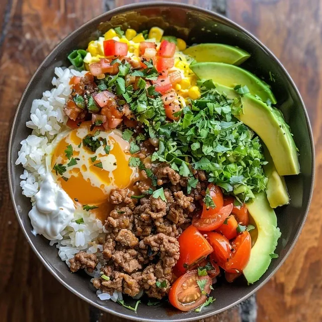 Cremige Taco Reis Bowl mit Rinderhackfleisch, frisch angerichtet in einer Schüssel.