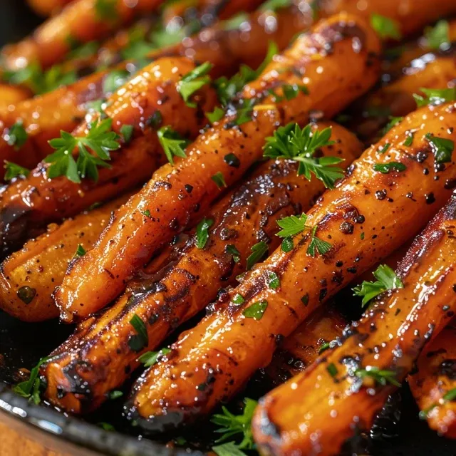 Nahaufnahme von honigglasierten Karotten mit Knoblauch, saftig und glänzend.