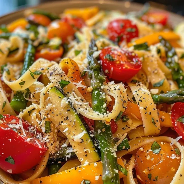 Nahaufnahme von Pasta Primavera mit buntem Gemüse in einer Schüssel.