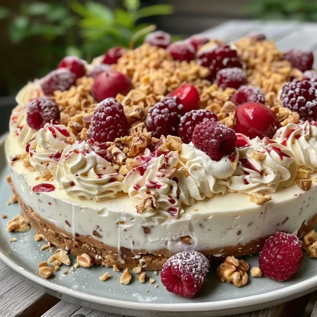 Primer plano de un cheesecake de yogur cremoso decorado con galletas y ingredientes opcionales.