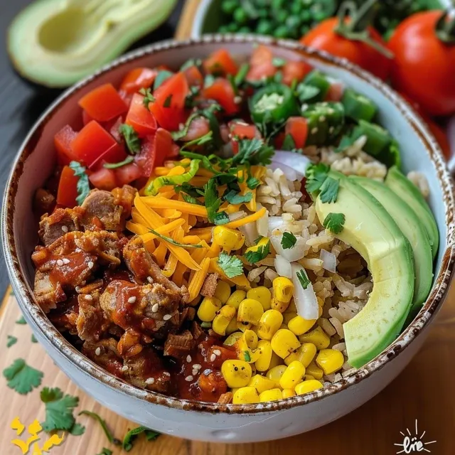 Nahe Ansicht eines Taco Reis Bowls mit Rinderhack, Gemüse und Garnierungen.