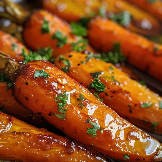 Seiteansicht von honigglasierten Karotten, die in Butter und Knoblauch zubereitet wurden.