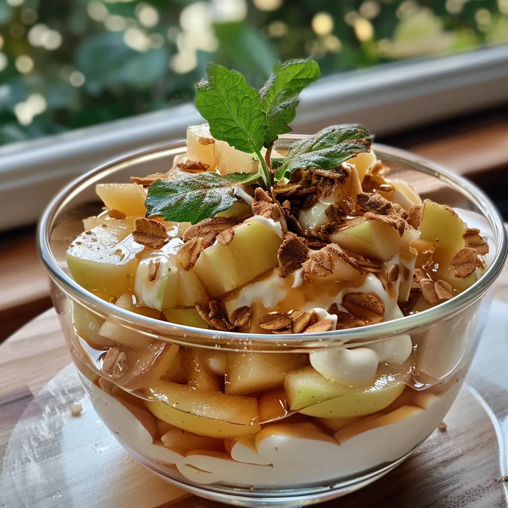 Vista lateral de un tazón de avena con manzana y canela.