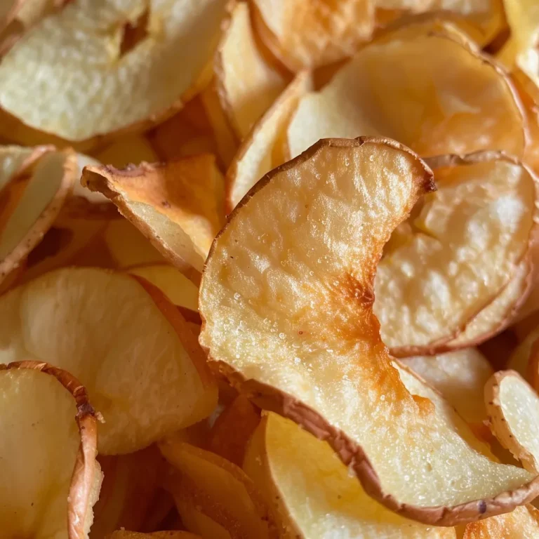 Nahaufnahme von selbstgemachten Apfelchips aus einer Heißluftfritteuse.