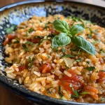 Arroz con tomate y albahaca en un tazón, con ingredientes frescos al lado.
