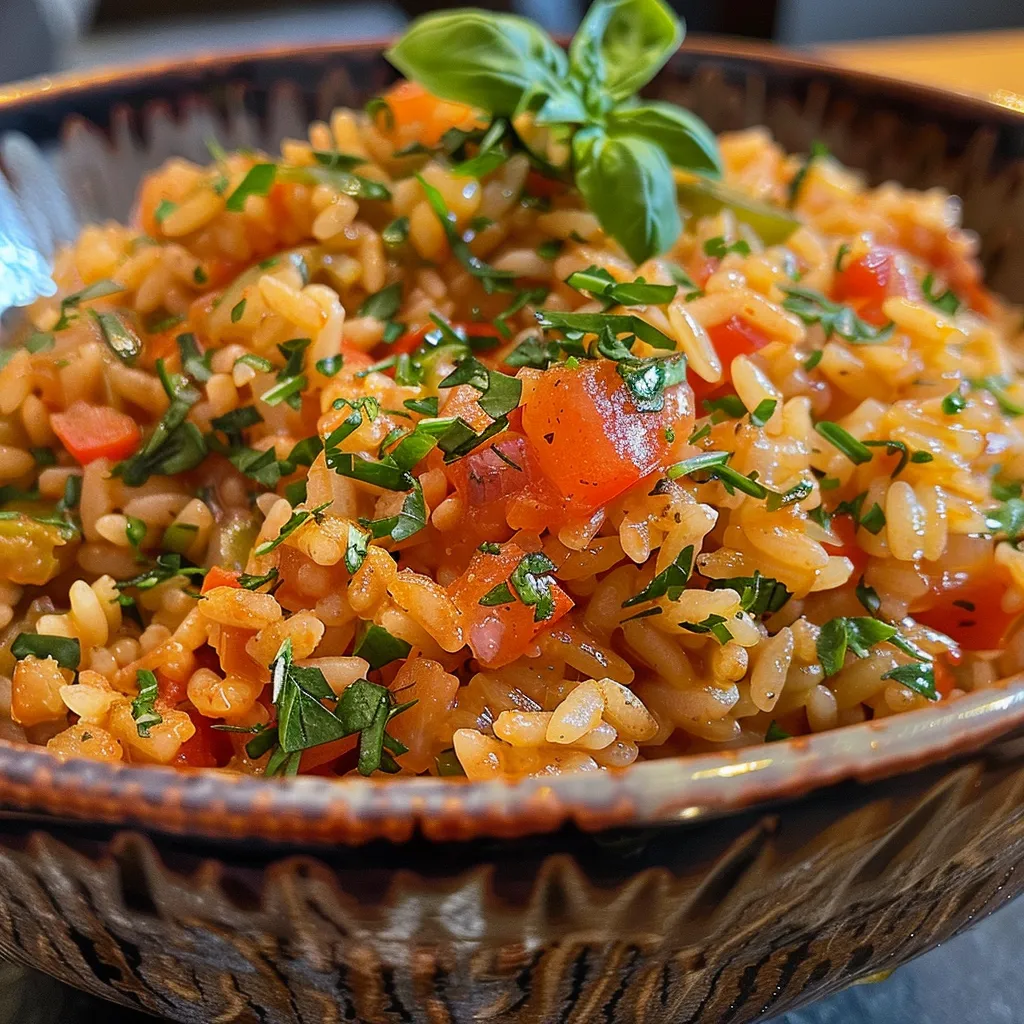 Primer plano de arroz con tomate y albahaca, mostrando su textura jugosa.