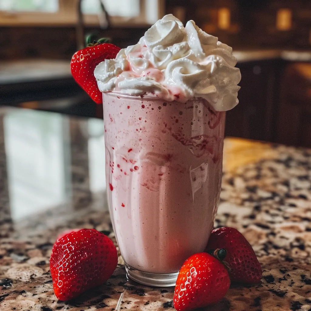 Seitenansicht eines cremigen Erdbeer-Proteinshakes mit frischen Erdbeeren.