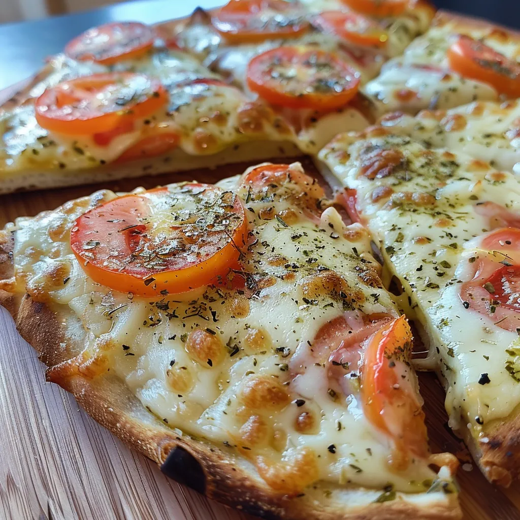 Seitenansicht einer saftigen Blumenkohlpizza, die auf einem Teller serviert wird.
