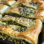 Nahaufnahme von schneckenförmig gebackenem Börek mit Spinat und Feta in einem runden Blech.