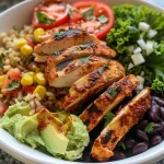 Nahe Ansicht eines bunten Chicken Burrito Bowls mit frischen Zutaten.