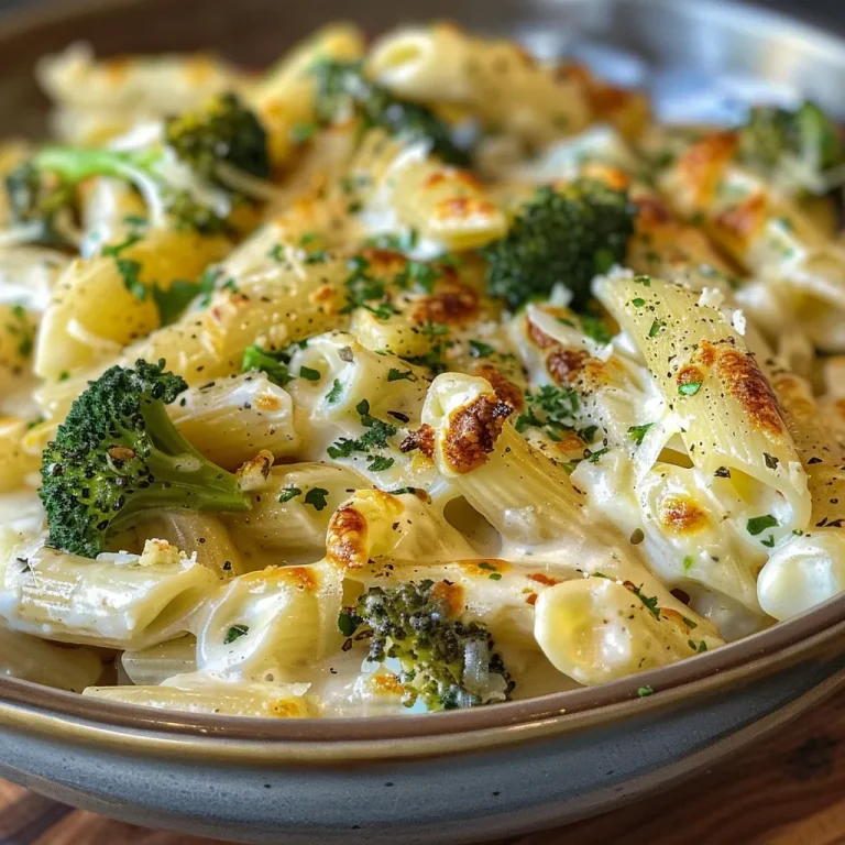 Vista lateral cercana de un gratinado de fideos con brócoli y salsa cremosa.
