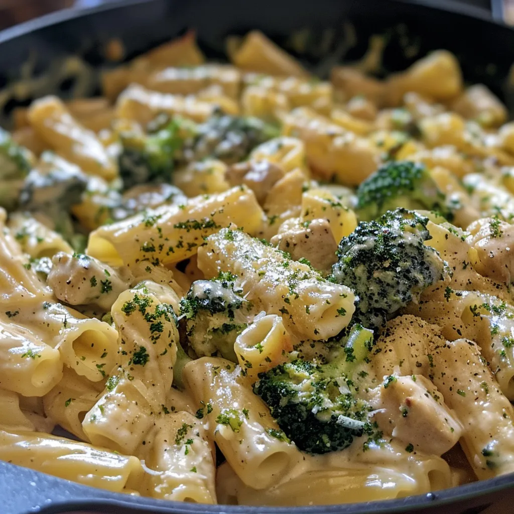 Plato de fideos con brócoli cubierto de queso derretido en una fuente para hornear.