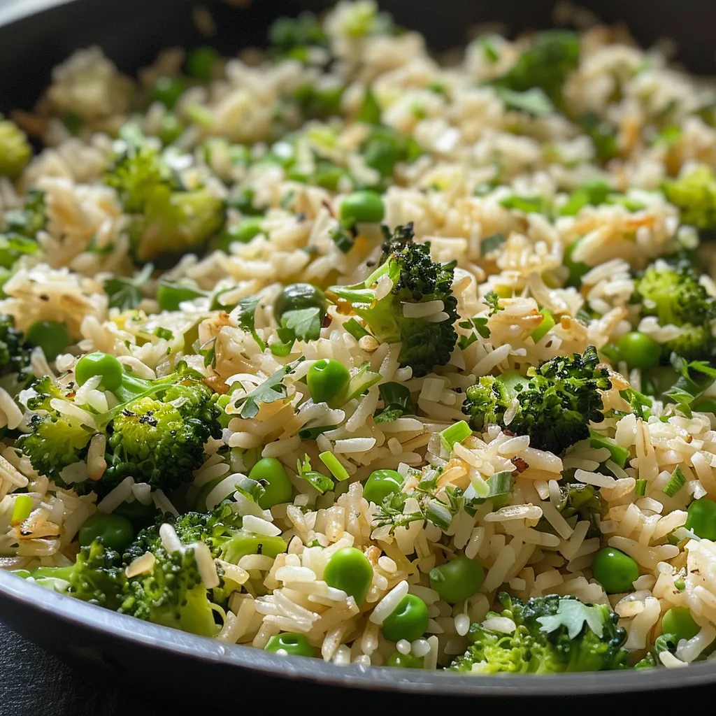 Vista lateral de una deliciosa mezcla de arroz y brócoli en un plato.