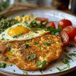 Una sartén con huevos y verduras coloridas, vista lateral, con fondo desenfocado.
