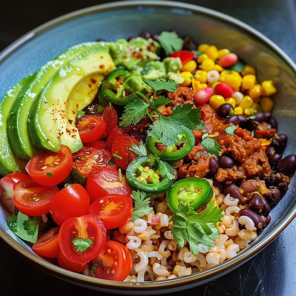 Primer plano de una deliciosa mezcla de ingredientes en un burrito bowl.