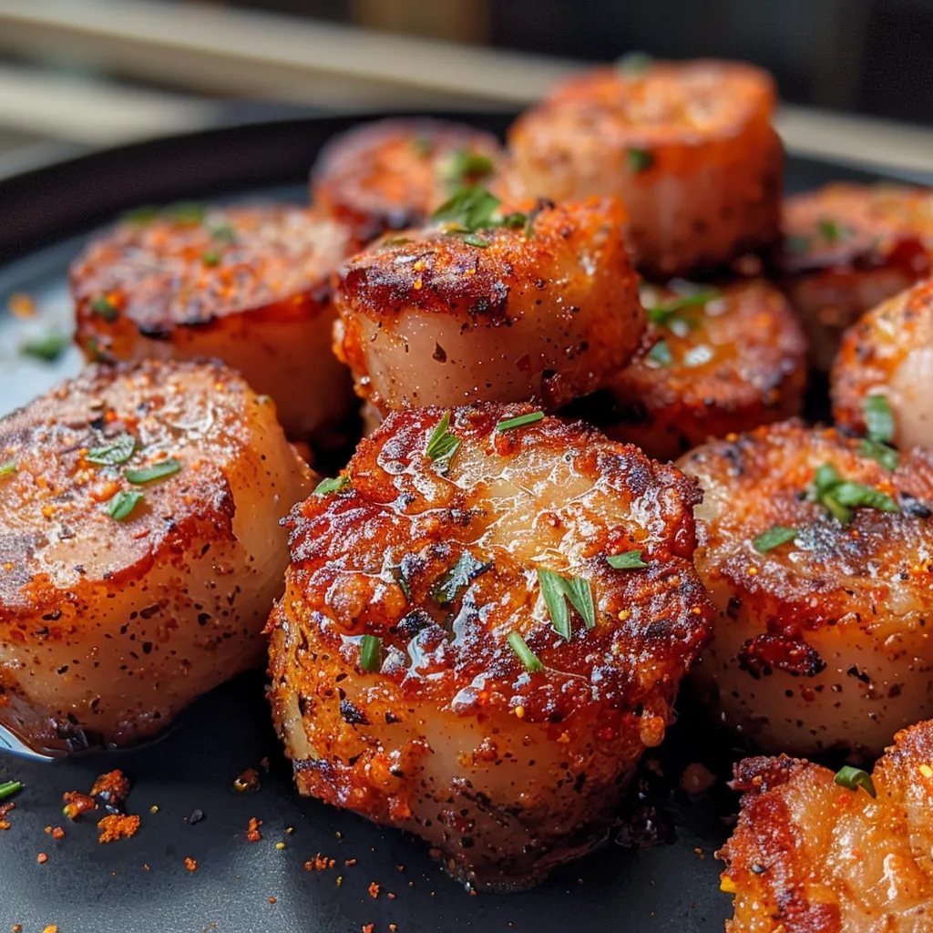 Close-up shot of Cajun spiced sweet potato cubes in a cooking basket.