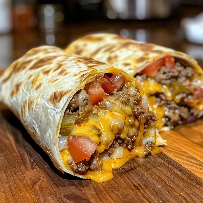 Nahaufnahme eines Cheeseburger Burritos mit saftigem Füllung.