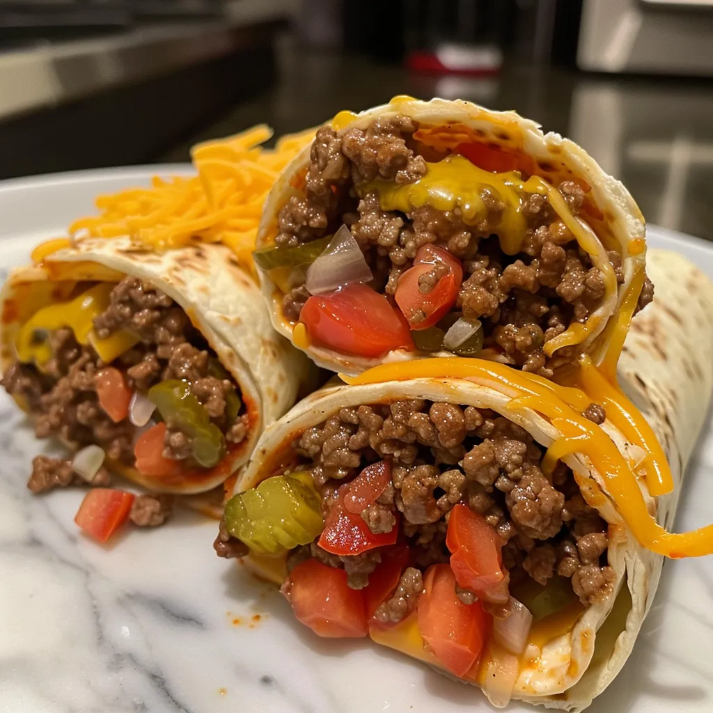 Seitenansicht eines Cheeseburger Burritos, gefüllt mit Fleisch und Käse.
