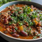 Nahaufnahme von Chili con carne mit zarten Fleischstücken und Bohnen.