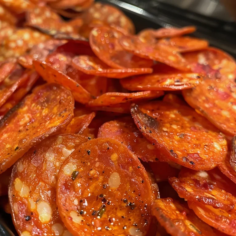 Un primer plano de chips de pepperoni crujientes, dorados y tentadores.