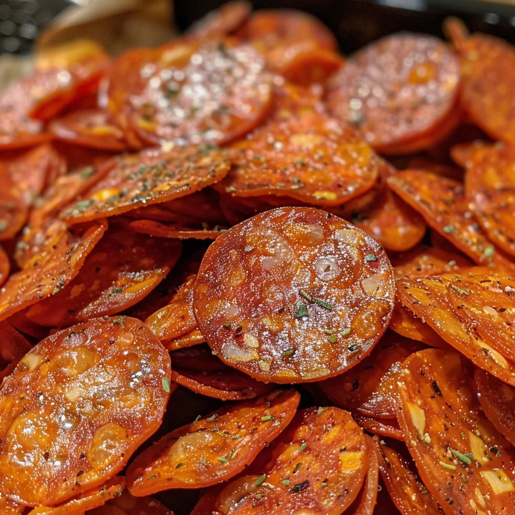 Vista lateral de chips de pepperoni fritos al aire, bien cocidos y sabrosos.
