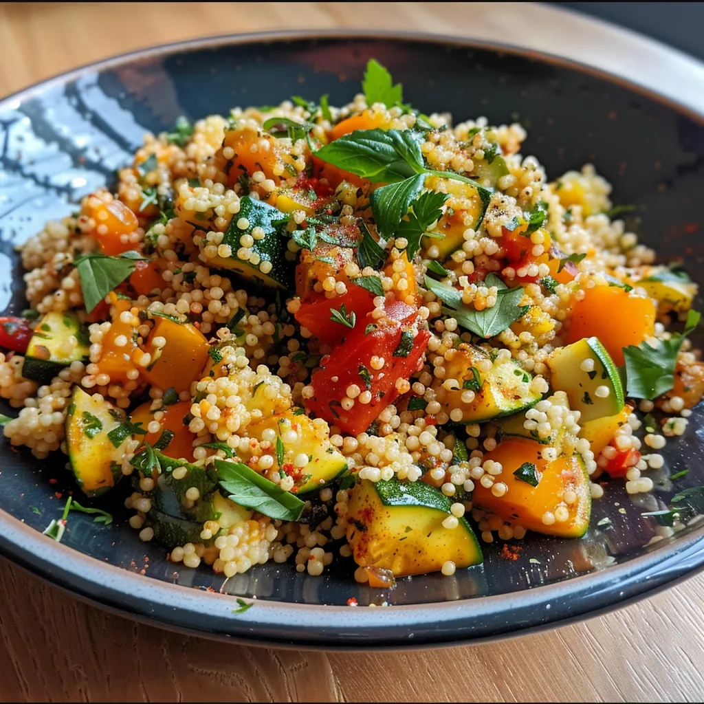 Close up de couscous con trozos de zucchini, pimientos y tomates.