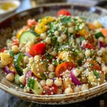 Ensalada de cuscús en primer plano con ingredientes frescos.