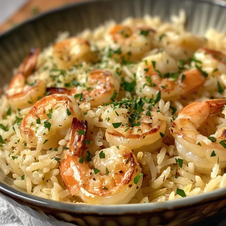 Primer plano de Cremige Knoblauchgarnele con arroz, mostrando gambas jugosas.